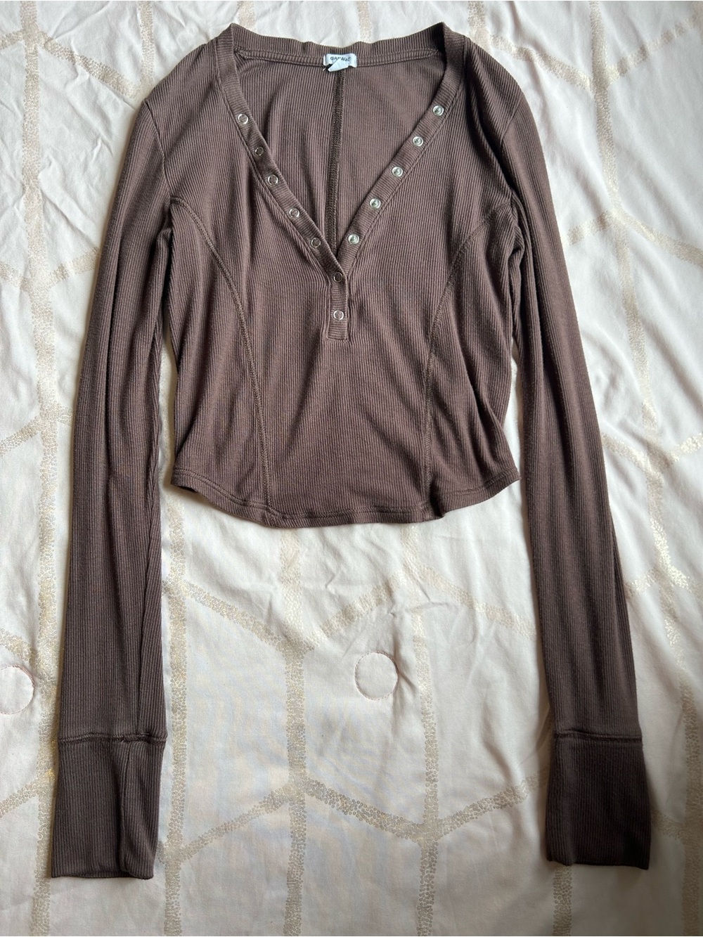 Garage Chocolate Brown Ribbed Long-Sleeve Henley Top